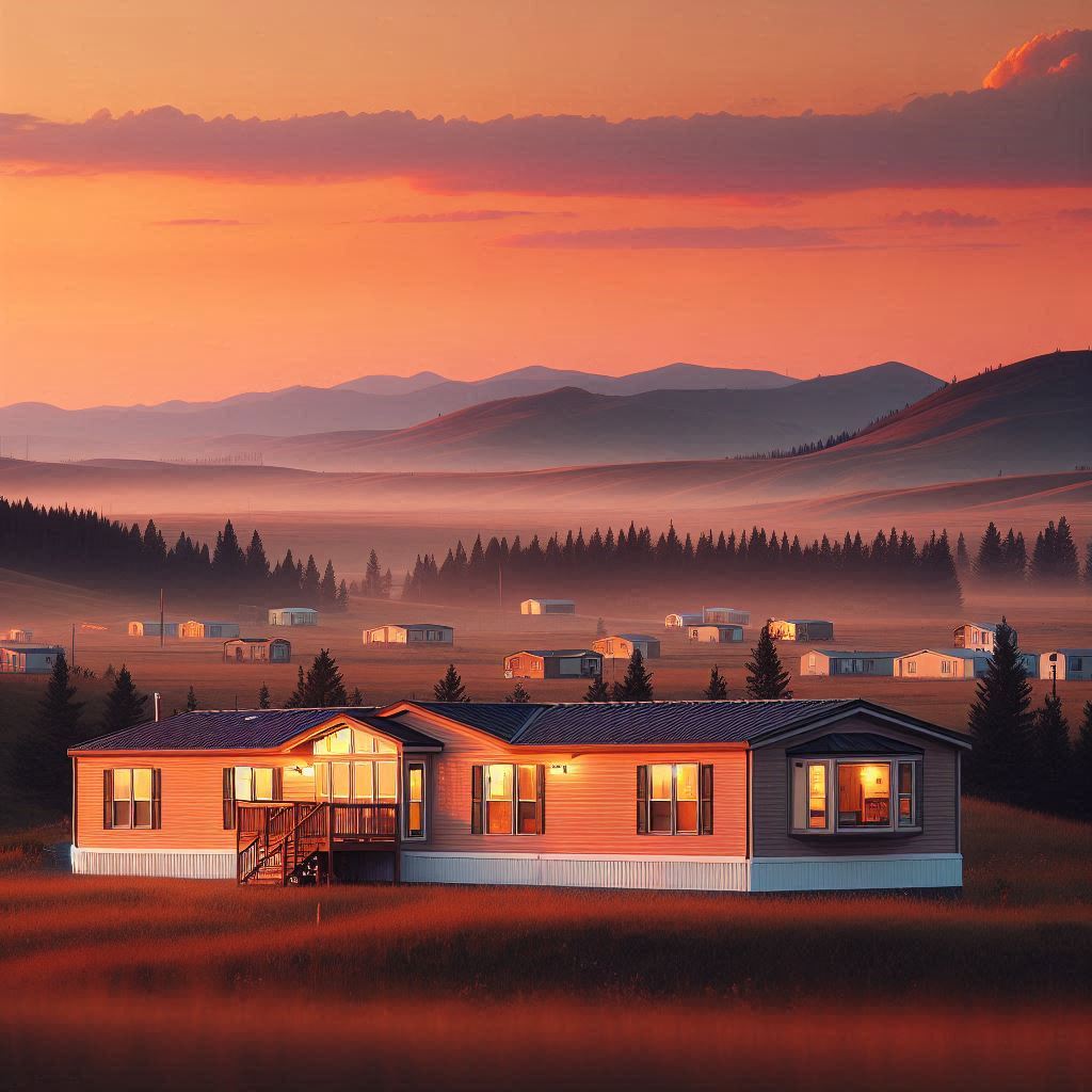 triple wide mobile home at sunset