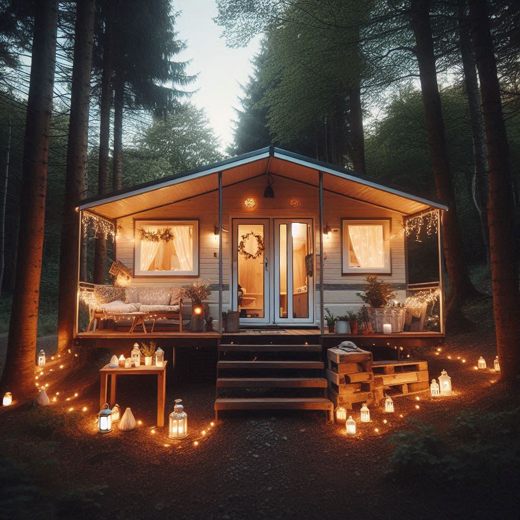 mobile home with exterior lighting