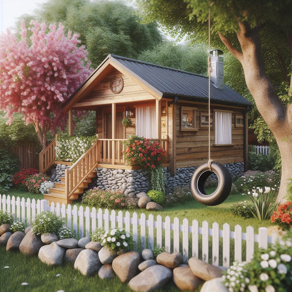 wooden home with a fence and rock skirt base