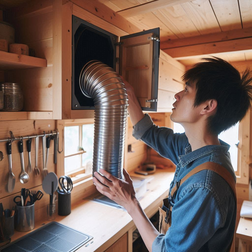 person installing an exhaust pipe in a tiny home